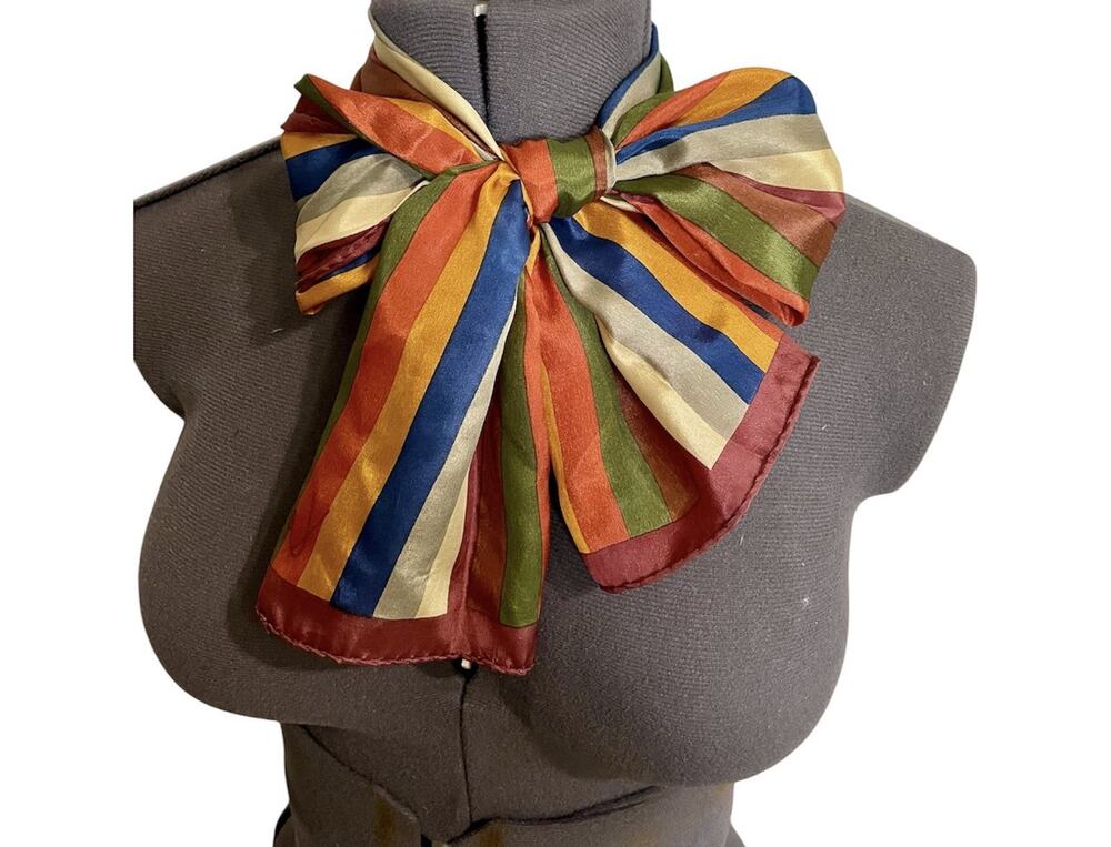 KENZA 100% Silk Scarf Rolled Hand Sewn Hem Rectangular 10 X 54 Striped Japan VTG